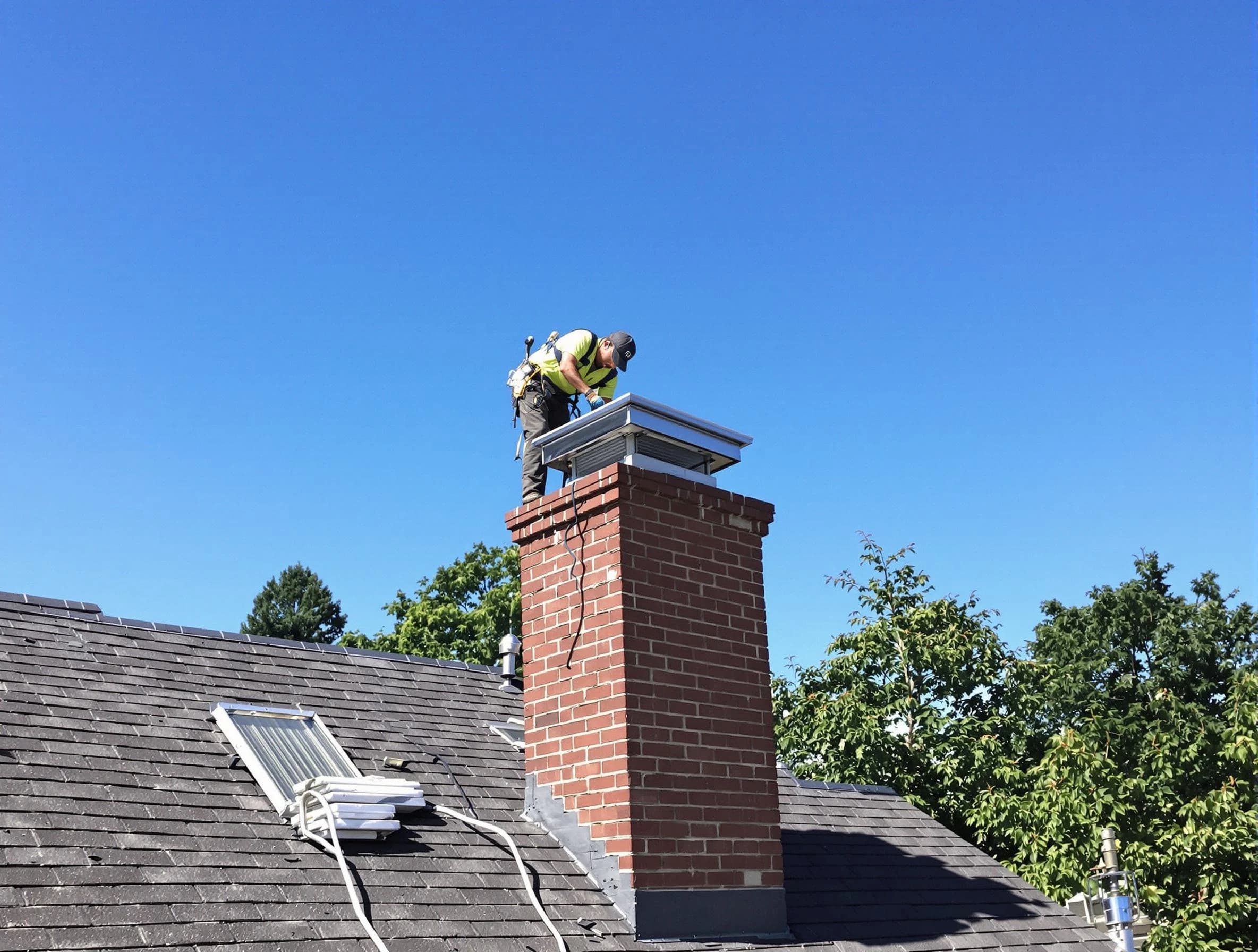 Lithia Springs Chimney Sweep technician measuring a chimney cap in Lithia Springs, GA